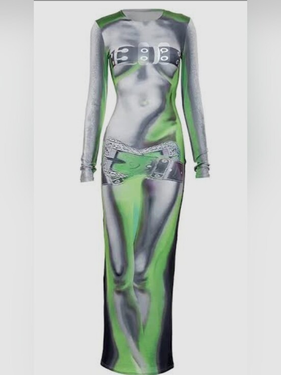 Fashion Nova Dresses & Skirts - Fashion Nova Silver and Green Metallic Illusion Long Sleeve Maxi Dress 🔥